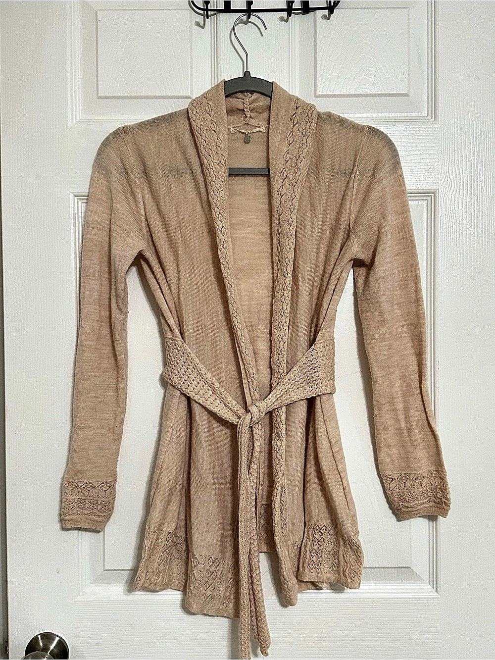 Anthropolgie Knitted and Knots ballet pink Open Front Knit Cardigan tie waist Li